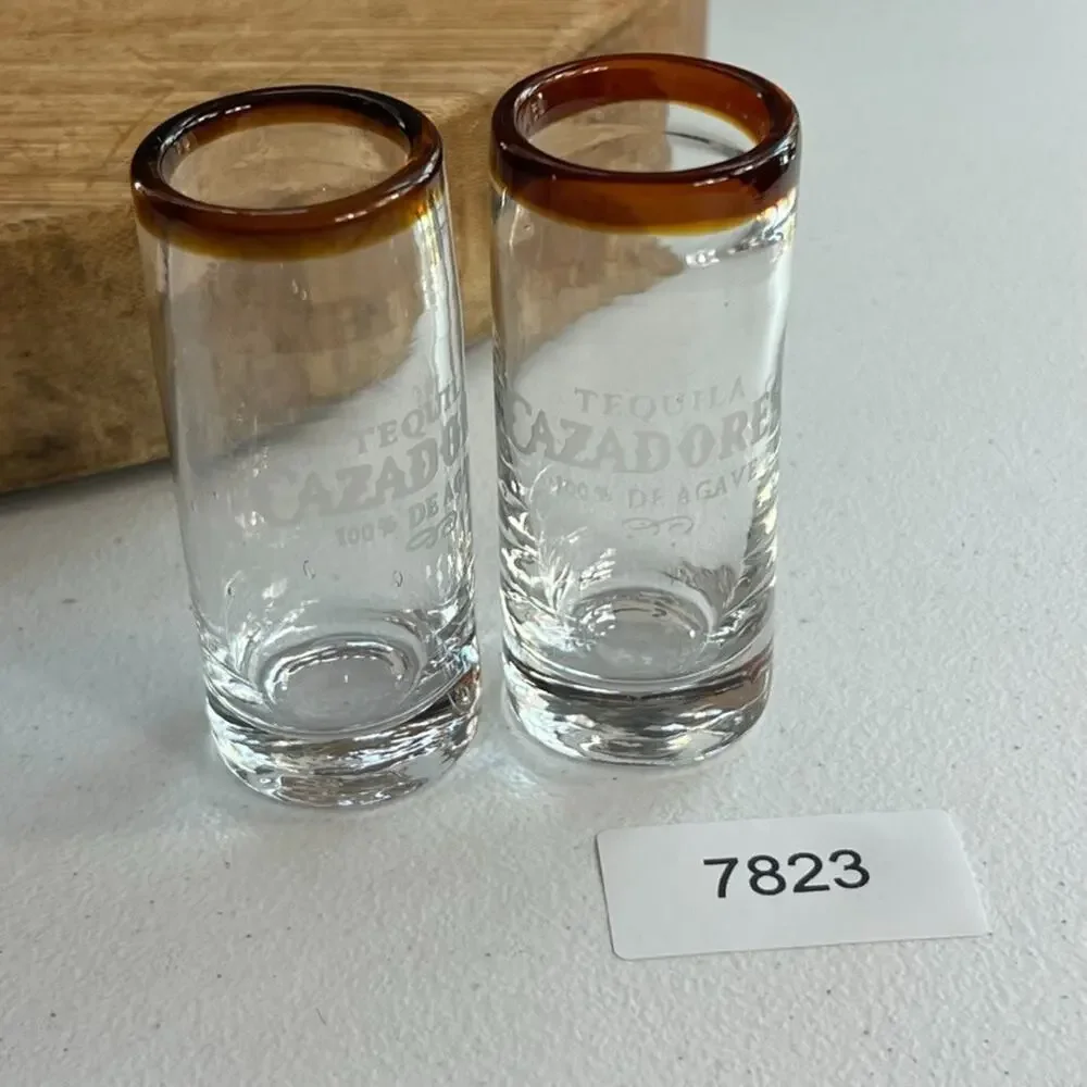 Glass Blown Cazadores Tequila Shot Glasses Amber Rim Thick Glass Set of 2